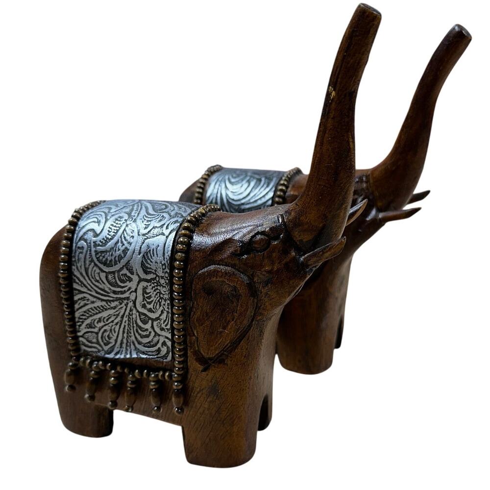 Wooden Craved Set of 2 Elephants With Bead Work Some Damaged Good Condition